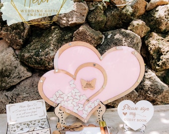 Celebre su amor con nuestro libro de visitas de corazones dulces, alternativa transparente al libro de visitas de boda de corazones dobles, decoración de boda bohemia y rústica.