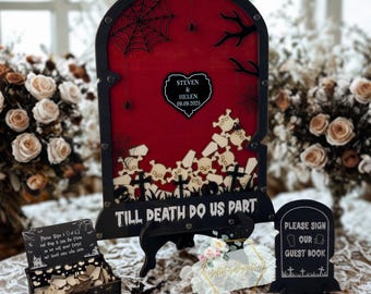 Custom Red Acrylic Tombstone Guest Book – Till Death Do Us Part Drop Box Alternative for Gothic Halloween Wedding or Spooky Decor