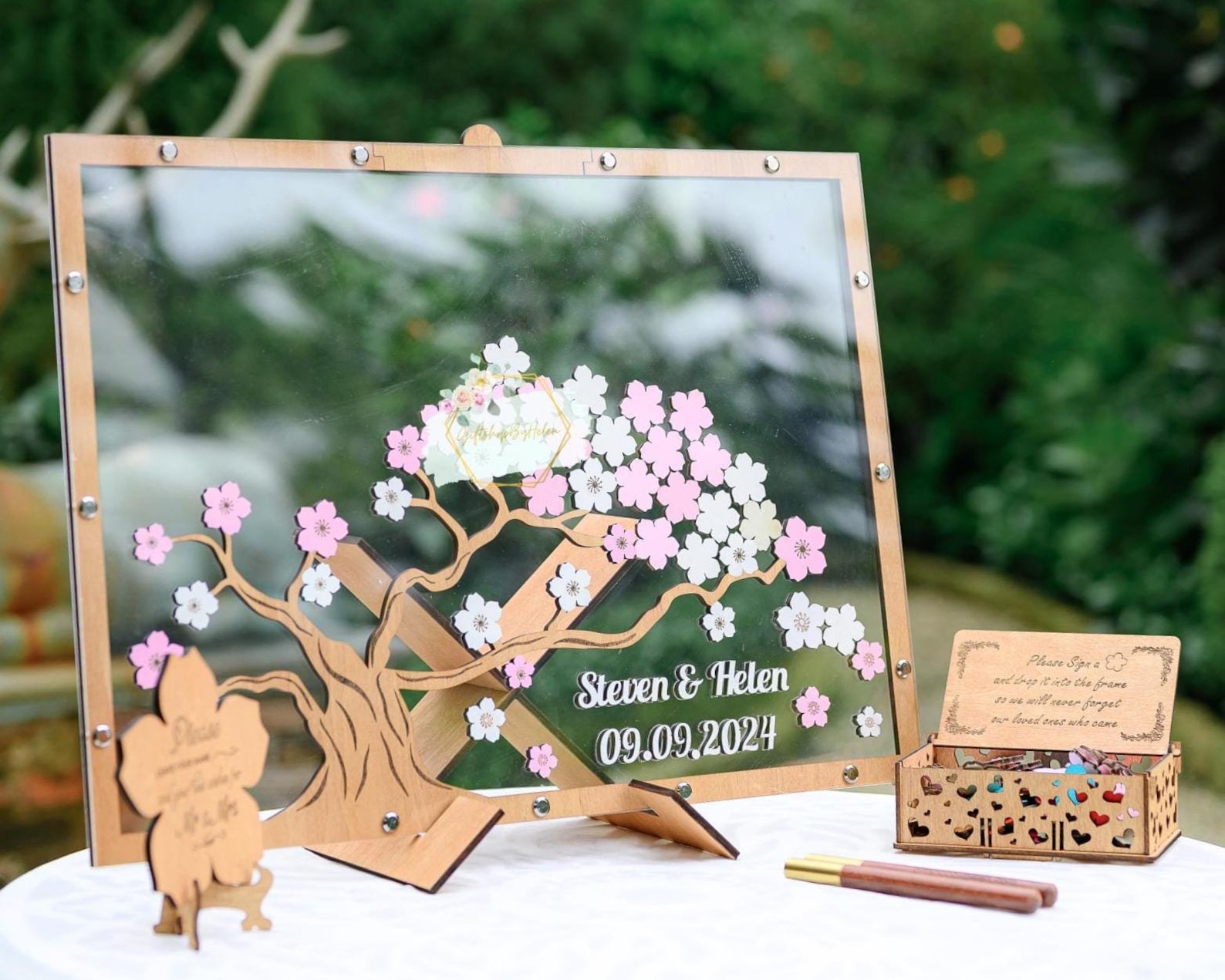 Personalized Wedding Guest Book Alternative Sign, Rustic rectangle family tree Guest Book Cherry Blossom Flower Spring Drop Box Wedding - 17.8" -45cm-85chips, Add All