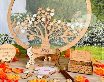 Wedding Guest Book Alternative Transparent Tree Rustic Wooden Round Guest Book Frame Leaf Drops Box Maple Tree Leaves Circle Decor Wedding