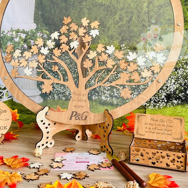 Wedding Guest Book Alternative Transparent Tree Rustic Wooden Round Guest Book Frame Leaf Drops Box Maple Tree Leaves Circle Decor Wedding