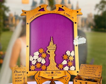 May include: Wooden wedding guest book alternative with a purple backdrop, featuring a tower design, sun and lantern cutouts, and the names "Steven & Helen" with the date 20.09.2025. Includes a guest book sign and a box.