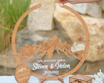 Mountain Wedding Guest Book, Alternative Wedding Guest Book, Our Adventure Awaits Guest Book, Wooden Guest Book,Circle Wedding Guest Book