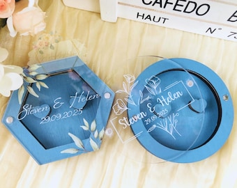 Personalized Wooden Dusty Blue Wedding Ring Box, Custom Wood Ceremony Ring Holder for Bride & Groom, Rustic Wedding Ring Box Idea
