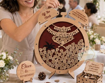 Puede incluir: Un libro de visitas de jubilación de madera con forma de reloj con las palabras "Happy Retirement" y "Off The Clock". Incluye etiquetas de madera en forma de corazón para que los invitados firmen y dejen caer en el marco. También incluye un letrero de madera que dice "Cheer to Retirement".