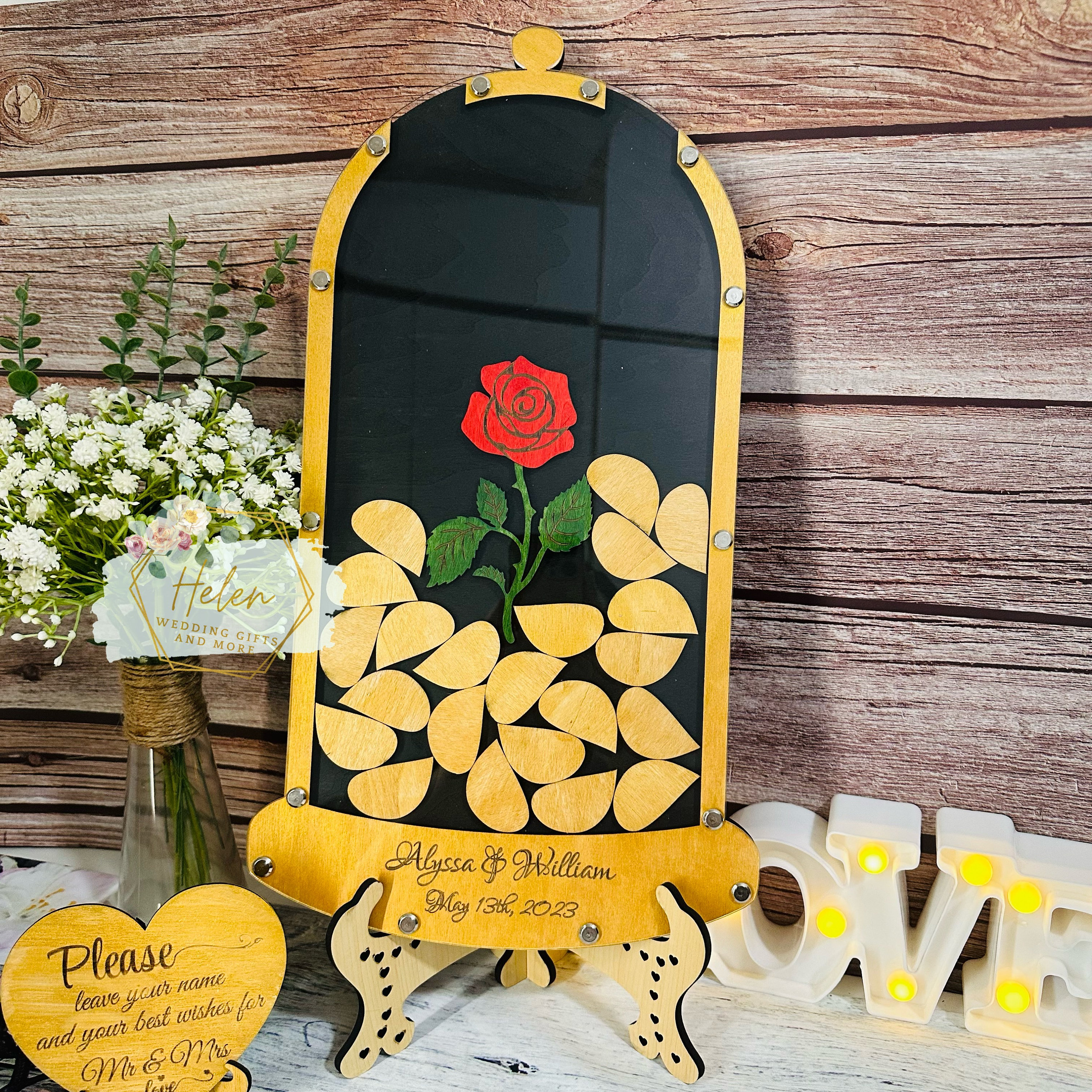 Beauty and the Beast Wedding Guest Book - Customized Guestbook for Your Fairy Tale Day, Romantic Wedding Guestbook, Rose in Flask