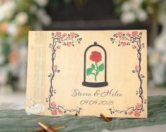 Enchanted Rose Wedding Guest Book, Personalized Beauty GuestBook for Beast Wedding, Romantic Storybook Guestbook, Rose in Flask, Tale As Old