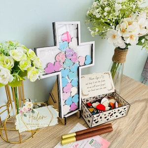 Personalized Baptism Guest Book Alternative Custom Heart Drop Box with Cross Guestbook First Communion Guest book First birthday Decoration