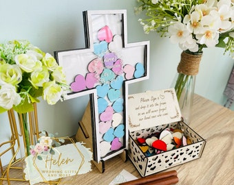 Personalized Baptism Guest Book Alternative Custom Heart Drop Box with Cross Guestbook First Communion Guest book First birthday Decoration