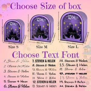 May include: Purple decorative boxes with a fairytale theme, available in three sizes: S (20cm x 24cm), M (23cm x 29cm), and L (23.5cm x 31cm). The boxes feature a castle silhouette and the text "Best Day Ever". Choose your text font from the options provided.