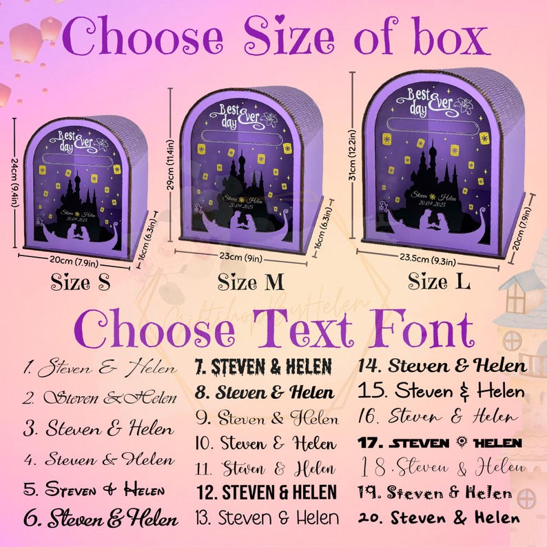 May include: Purple decorative boxes with a fairytale theme, available in three sizes: S (20cm x 24cm), M (23cm x 29cm), and L (23.5cm x 31cm). The boxes feature a castle silhouette and the text "Best Day Ever". Choose your text font from the options provided.