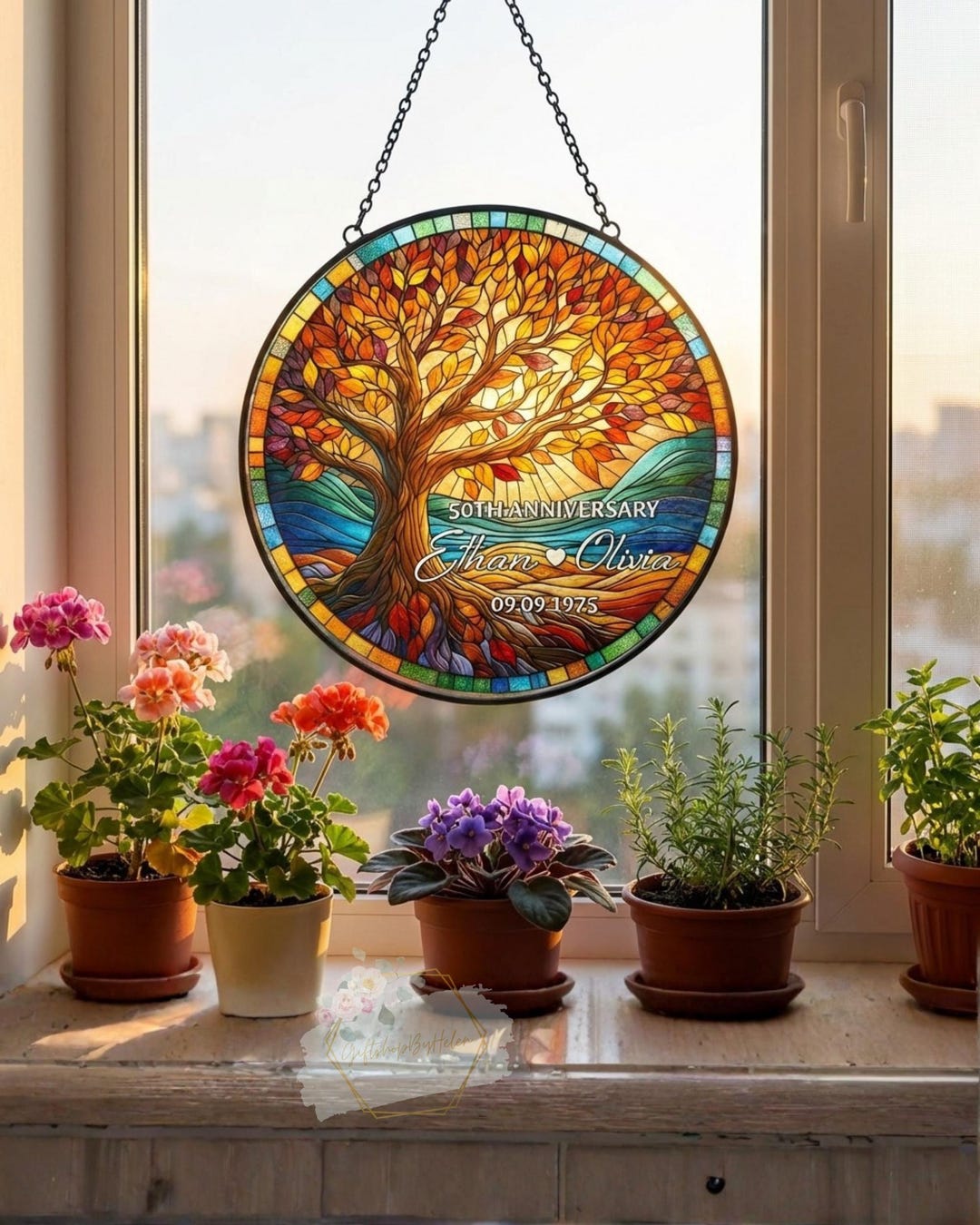 Custom Window Tree Custom Autumn Tree Window Decor, Sunset Landscape Stained Glass Effect ...
