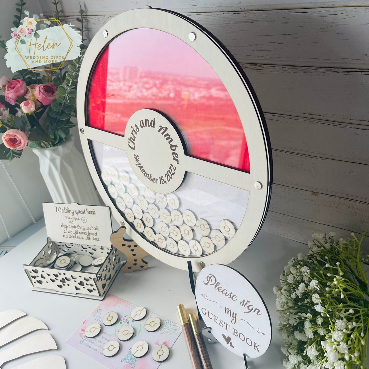 Handmade Pokemon Wedding Guest Book, Wooden Guestbook Drop Box