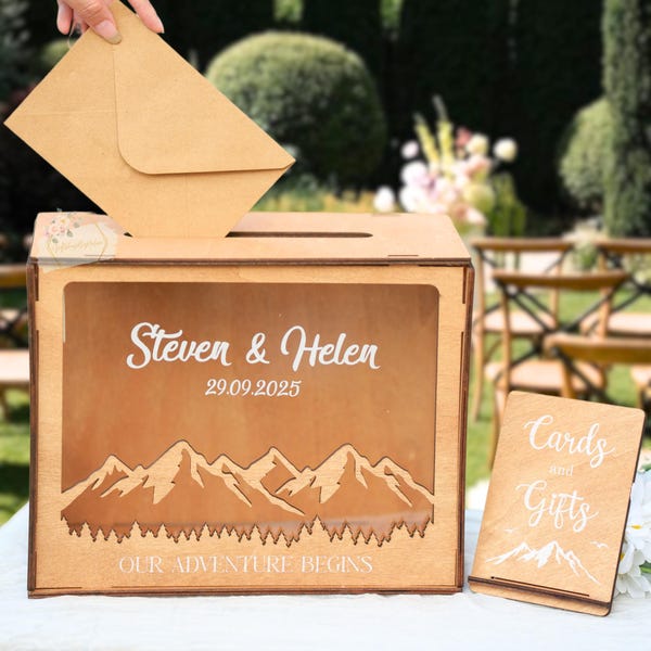 Rustieke berg trouwkaartdoos – gepersonaliseerde houten kist met sleuf, trouwkaarthouder voor receptie, geld en envelop geschenkdoos