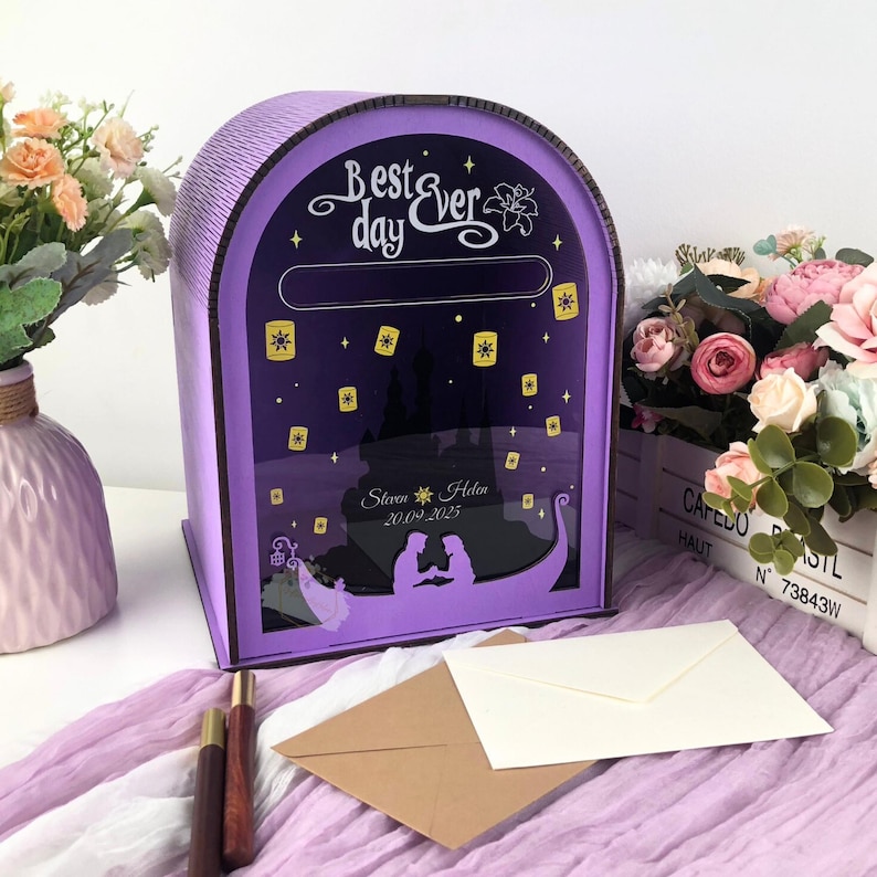 The card box is shown on a table, ready for wedding reception use.

A photo showing the box's sturdy and high-quality wooden construction.