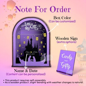 May include: A purple wooden sign with a silhouette of a castle and a gondola, with the text "Best day ever". The sign includes the text "Cards and Gifts" and "Name & Date". The box color and content can be customized.