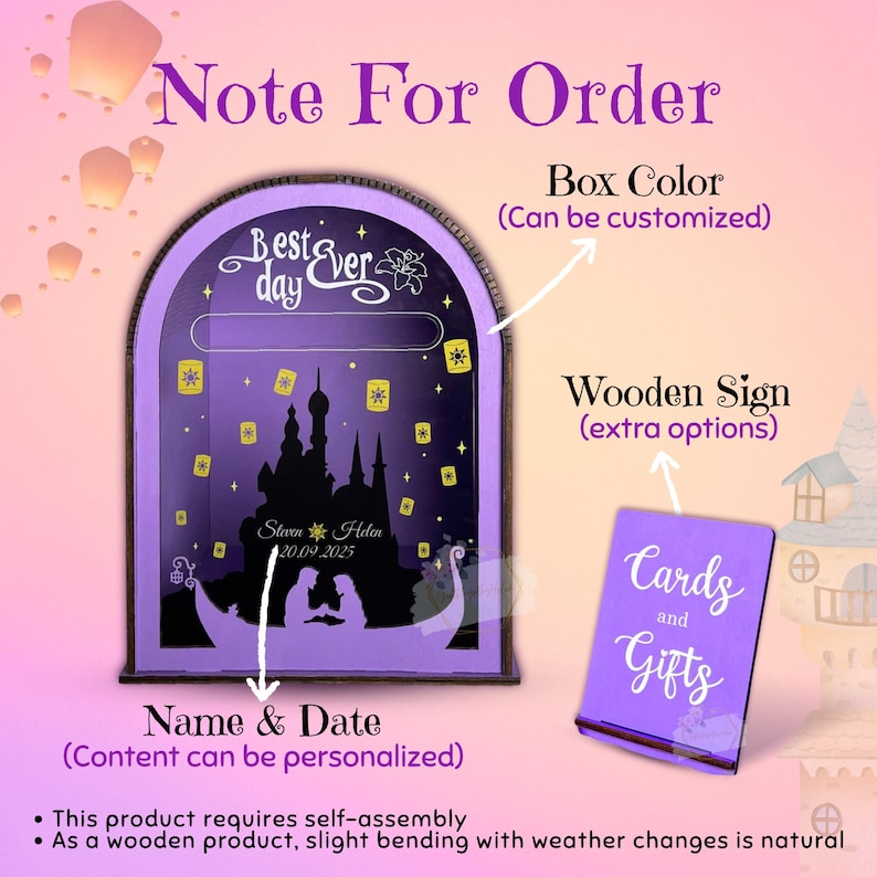 May include: A purple wooden sign with a silhouette of a castle and a gondola, with the text "Best day ever". The sign includes the text "Cards and Gifts" and "Name & Date". The box color and content can be customized.