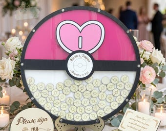 Unik gästbok med kärleksboll för bröllop och evenemang, personlig gästbok med pokeball-motiv för bröllop, gästbok med dropplåda för kärleksboll
