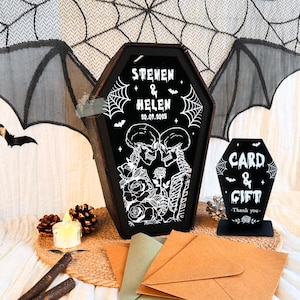 Gotisk bröllopskortask, personlig kistakorthållare, Halloween-tema kortask, rustik kuslig dekor, unik "Till döden skiljer oss åt"-present