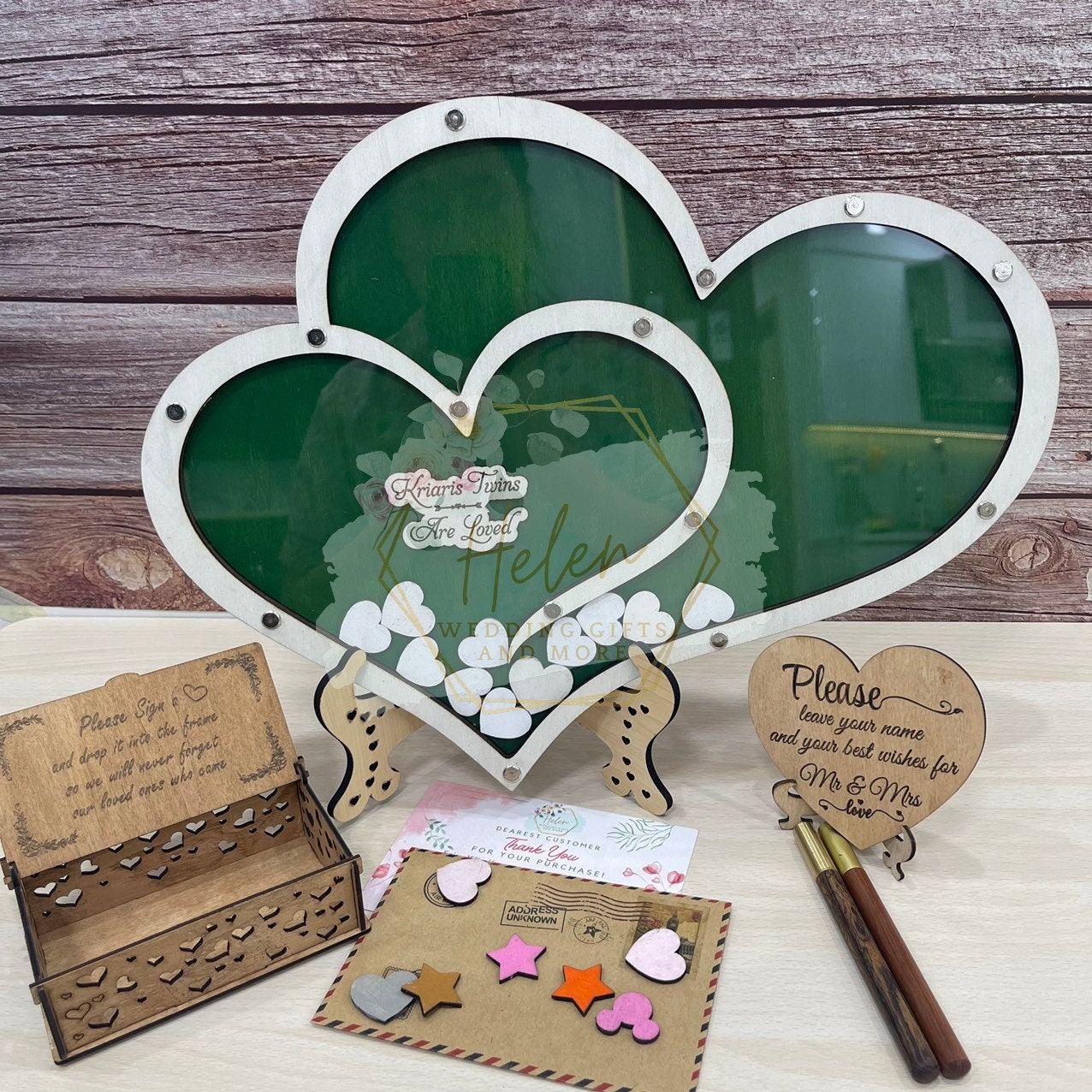 PAPA LONG Alternative Rustic Wooden Heart Wedding Guest Book with 42pc