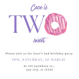 Two Sweet Editable and Downloadable Kids Party Invitation - Edit in Canva and Print at Home. 2nd Birthday Invitation Donut Theme