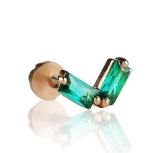 Jelly Emerald Tragus Stud For Woman, 14k Yellow Gold Flat Back Piercing, Single Piece, Gold Minimal Stud Earring, Birthday Gift