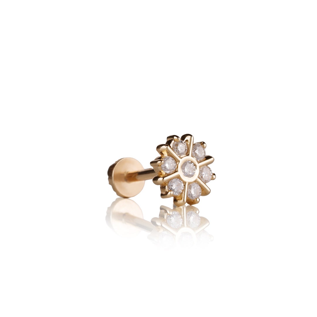 Sunflower Diamond Tragus Stud for Woman, 14k Yellow Gold Flat Back