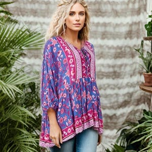 Oversized Rayon Peasant Blouse: Handmade Bohemian Tunic