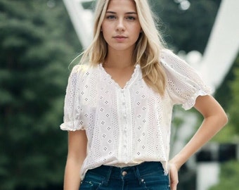 NEW Millie White Eyelet Buttoned V-Neck Flounce Sleeve Top