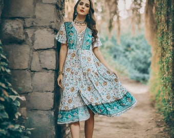 NEW Serena Teal Blue Bohemian Custom Length Dress / Boho Dress Women/ Boho Clothing Women / Summer Dress / Floral Dress / Vacation Dress