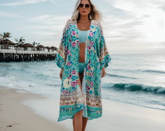 One size fits M-3XL Blue Floral Boho Kimono Cover Up / Bohemian Beach Open Cover Up Midi Length / One Size Cover Kimono Open Front