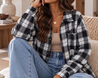 Oversized Brown Plaid Flannel Shirt for Women, Cozy Button Down Shacket, Long Sleeve Checkered Shirt, Casual Fall Layering Top