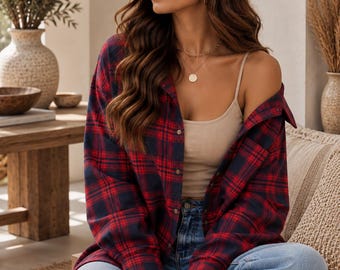 Oversized Plaid Flannel Shirt, Cozy Button Down Shacket, Fall Layering Top
