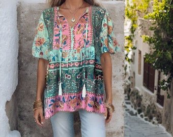 Ariana Teal Azul Boho Camisa Flowy Blusa Larga / Estilo Casual Impreso Blusa de Manga Larga para Mujer / Boho Casual Borla Tie Botón