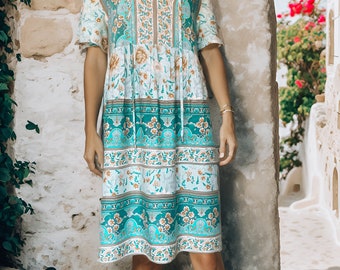 NEW Jordan Bohemian Peasant Dress, Knee Length Viscose Summer Vacation Dress, Relaxed Fit, Flattering Breathable Dresses for Women