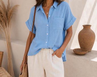 100% Cotton Button-Up Shirt, Relaxed Fit Summer Blouse, Lightweight Casual Top