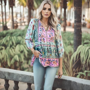 Ariana Teal Blue Boho Shirt Flowy Long Blouse / Casual Style Printed Long-Sleeved Blouse for Women / Bohemian Casual Tassel Tie Button image 1