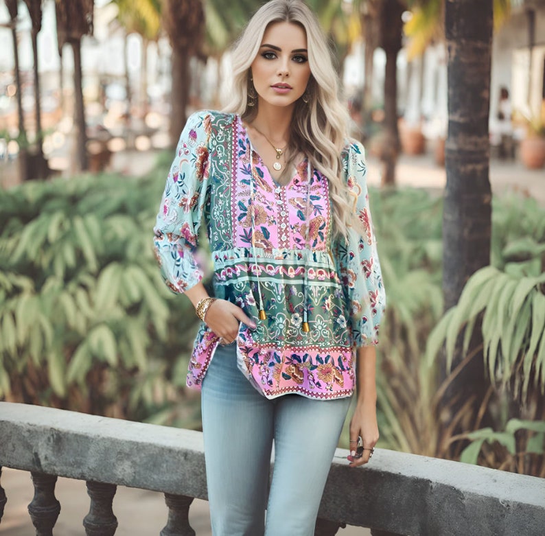 Ariana Teal Blue Boho Shirt Flowy Long Blouse / Casual Style Printed Long-Sleeved Blouse for Women / Bohemian Casual Tassel Tie Button image 1