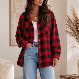 Hooded Plaid Shacket | Women’s Oversized Flannel Jacket with Hoodie | Cozy Fall Layering Top