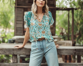 Serena Breathable and Flowy Peasant / Boho Blouse Relaxed Fit Floral Printed Short Sleeved Blouse Women / Flutter Sleeve / Womens Clothing