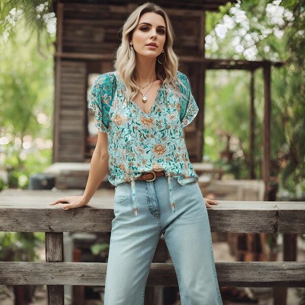 Serena Breathable and Flowy Peasant / Boho Blouse Relaxed Fit Floral Printed Short Sleeved Blouse Women / Flutter Sleeve / Womens Clothing
