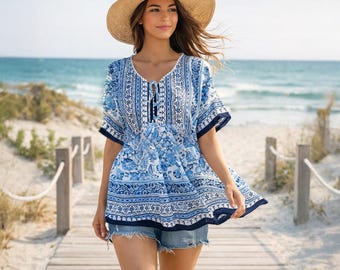 Handmade Feminine Boho Tunic: Upcycled Cottagecore Peasant Top, Babydoll Empire Waist Blouse