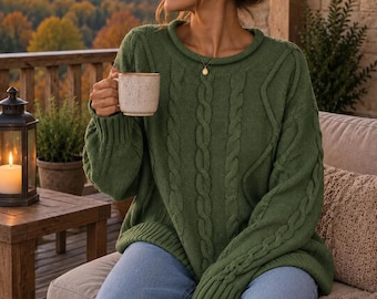 Oversized Cable Knit Sweater, Cozy Ribbed Knit Pullover, Relaxed Fit Sweater, Casual Fall Winter Sweater, Women’s Knit Top