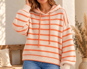 NEW Striped Knit Hoodie Sweater, Soft Oversized Hooded Pullover, Cozy Boho Sweater, Casual Fall Winter Top, Relaxed Fit Knitwear