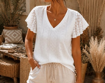White Eyelet Blouse, V-Neck Lace Top, Flutter Sleeve, Romantic Cottagecore Shirt