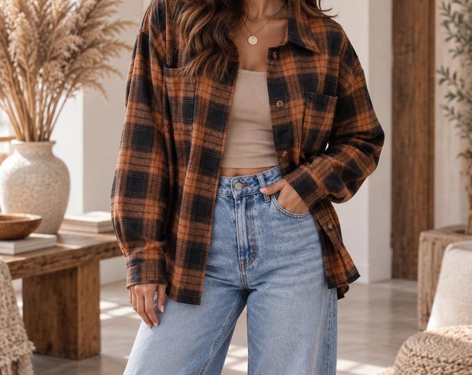 Oversized Brown Plaid Flannel Shirt for Women, Cozy Button Down Shacket, Long Sleeve Checkered Shirt, Casual Fall Layering Top
