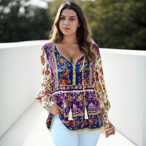 Floral embroidery tassel blouse  Women shirts blouse, Boho long