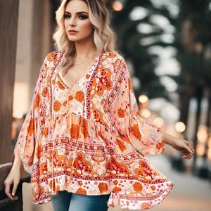 Oversized Rayon Boho Tunic: Handmade Peasant Blouse