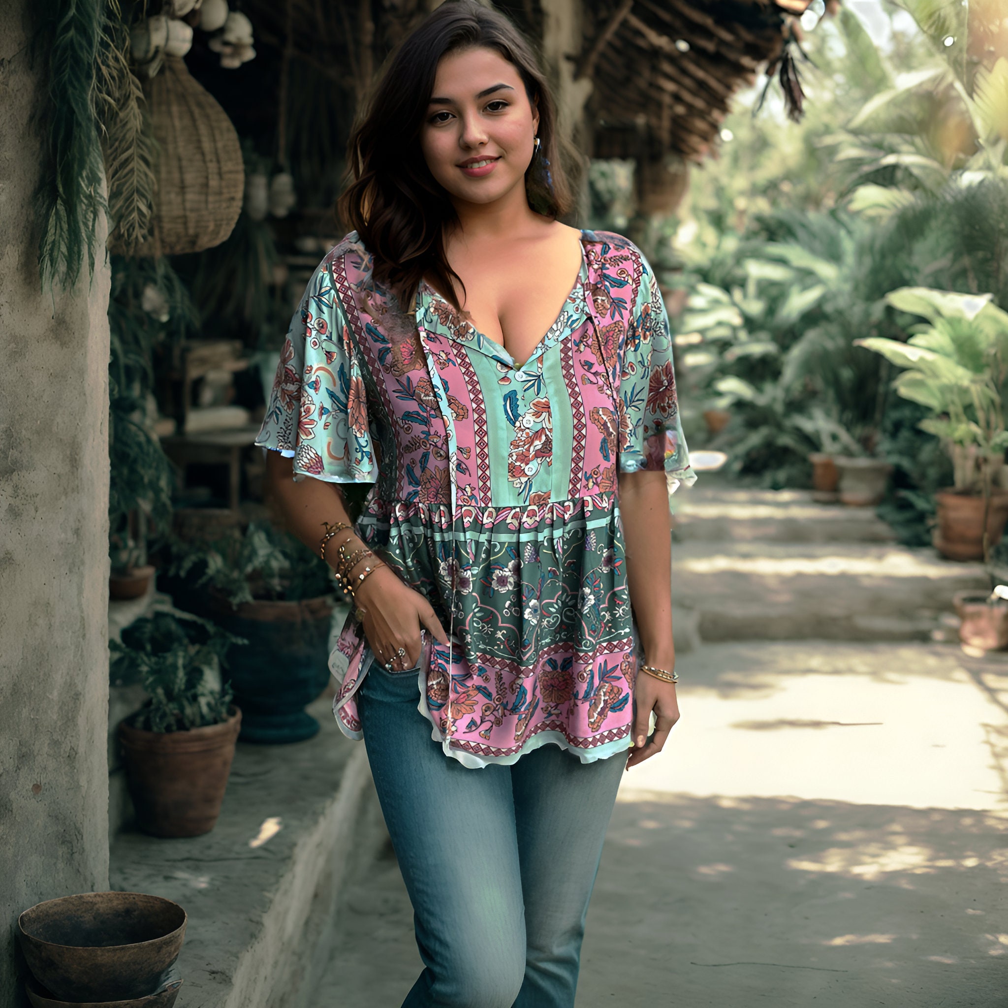 Teal Blossom Boho Floral Print Long Sleeve Blouse