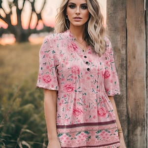 Leah Slimming Wrinkle Free Extra Long Flattering Bohemian Pleated Blouse / Printed Top / Boho Blouse / Short  Flutter Sleeve Top Women